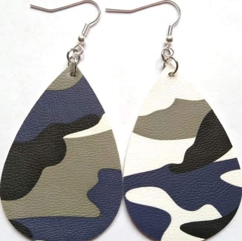 Navy Camo Leather Teardrop Earrings